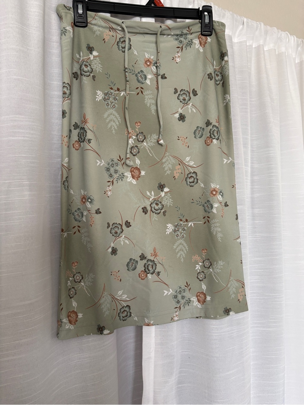 Vintage Sage Green Floral Drawstring Midi Skirt